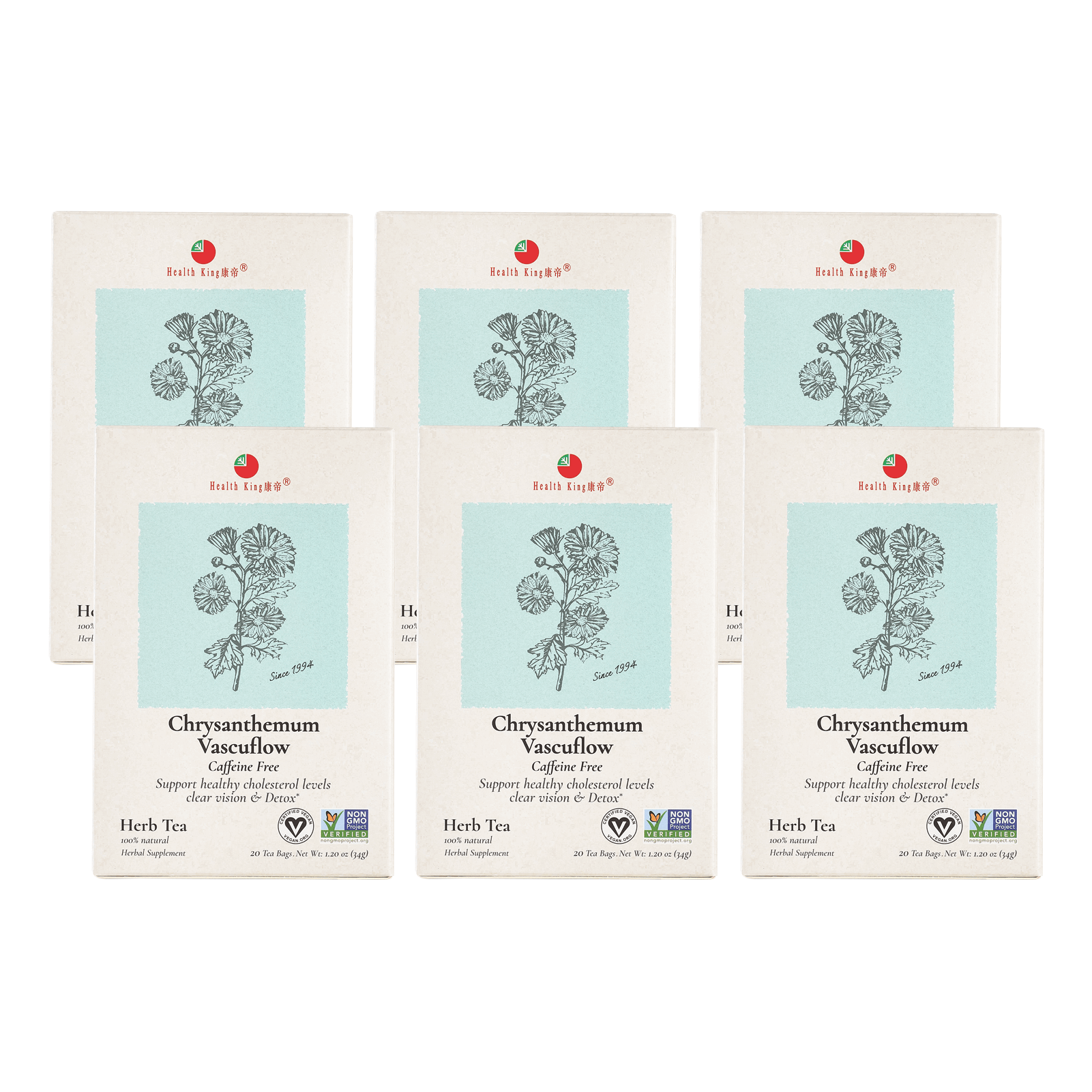 A collection of six Chrysanthemum Herb Tea packets arranged on a white surface