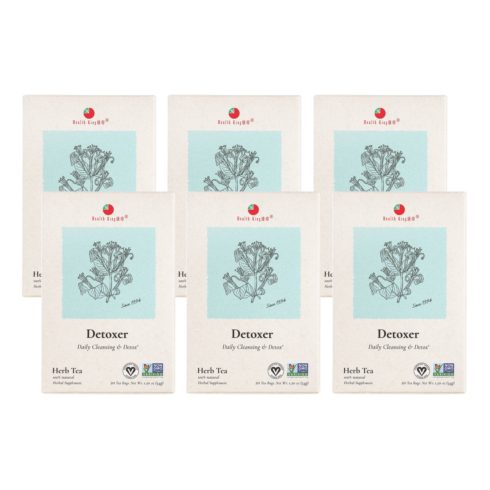 Six packs of Detoxer Herb Tea with blue and white packaging