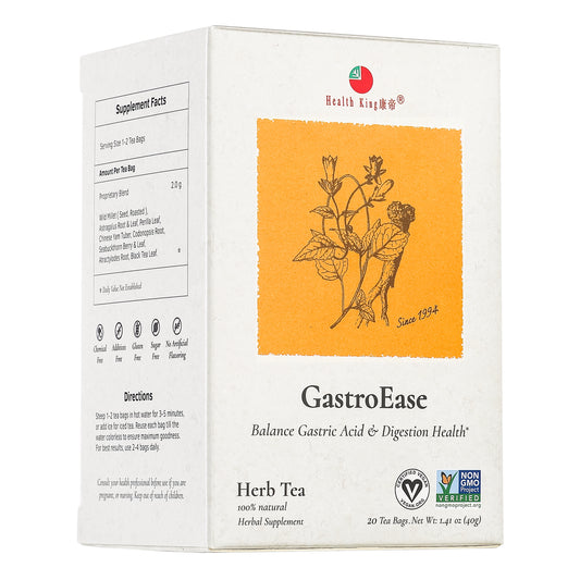 Herbal tea blend for digestive health by GastroEase displayed in packaging