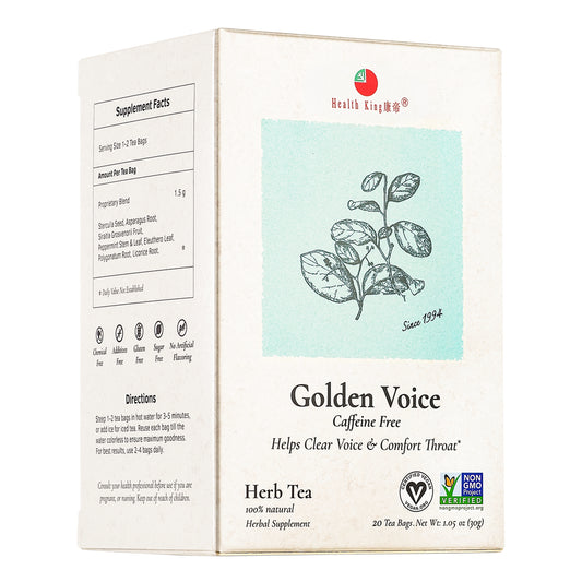 Packaging of Golden Voice Herb Tea highlighting its organic quality