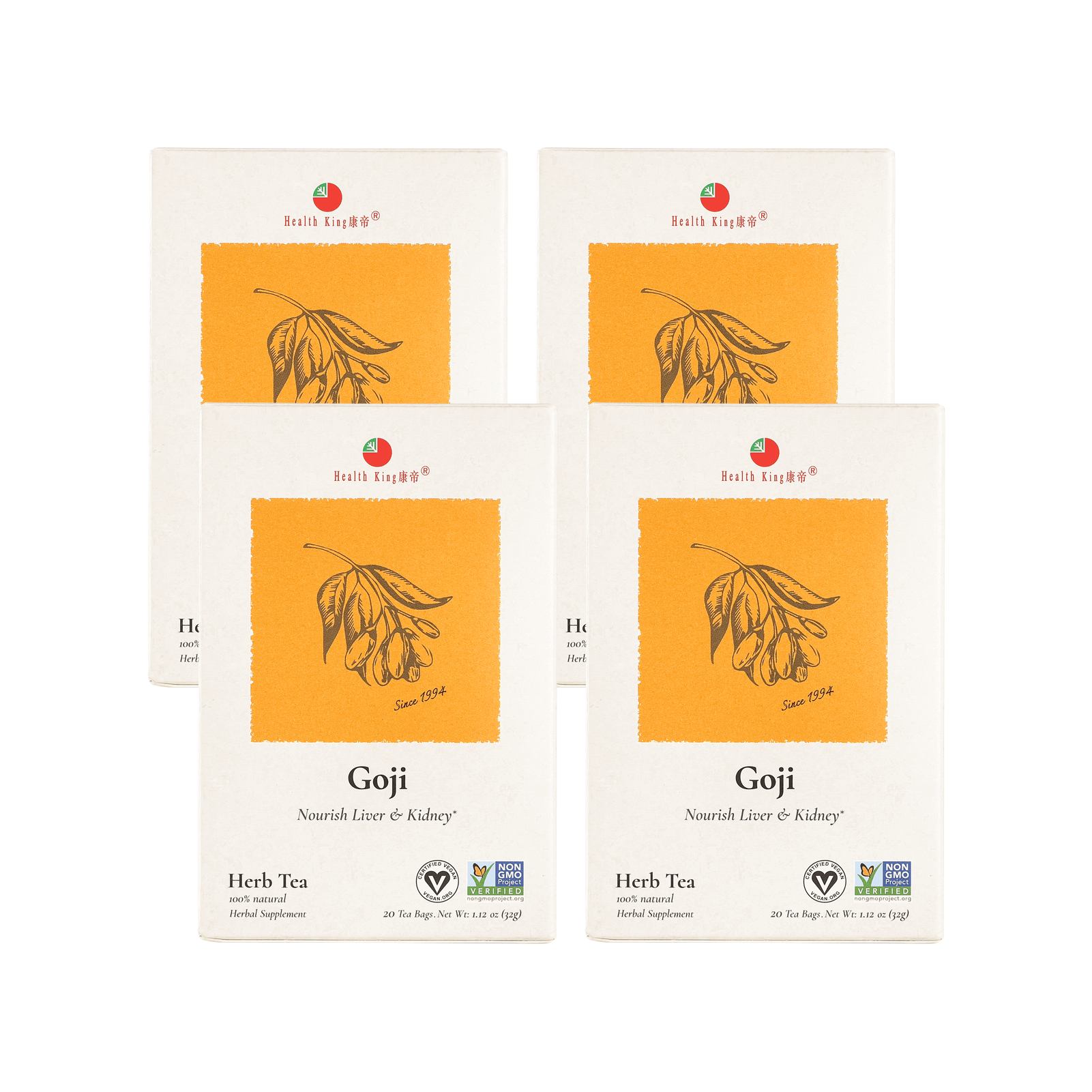 Four packages of Goji Herb Tea displayed against a white backdrop