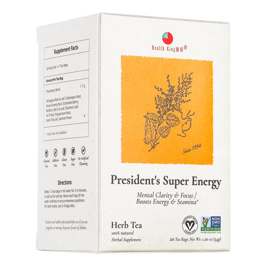 Box of President's Super Energy Herb Tea designed for male health and mental clarity