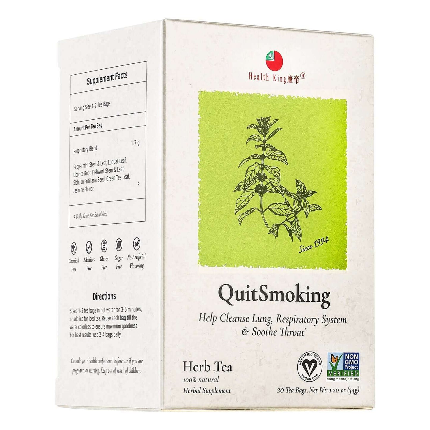 Herbal tea designed to support smoking cessation, featuring 20 tea bags in the package