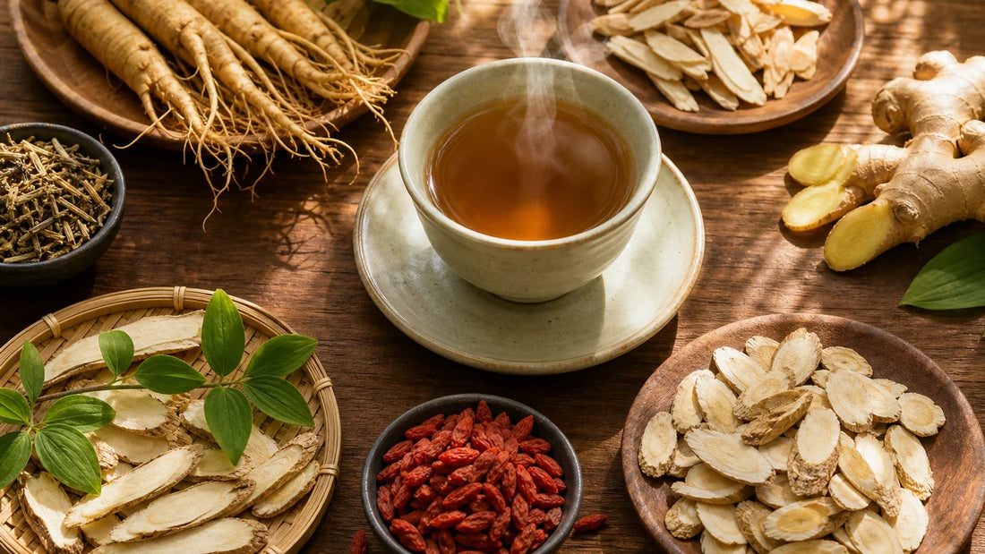 Steaming herbal tea surrounded by ginseng root, astragalus slices, ginger, and goji berries on a wooden table