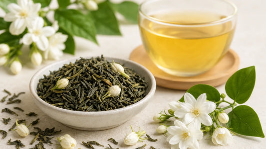 Green tea leaves and jasmine flowers with a cup of jasmine green tea.