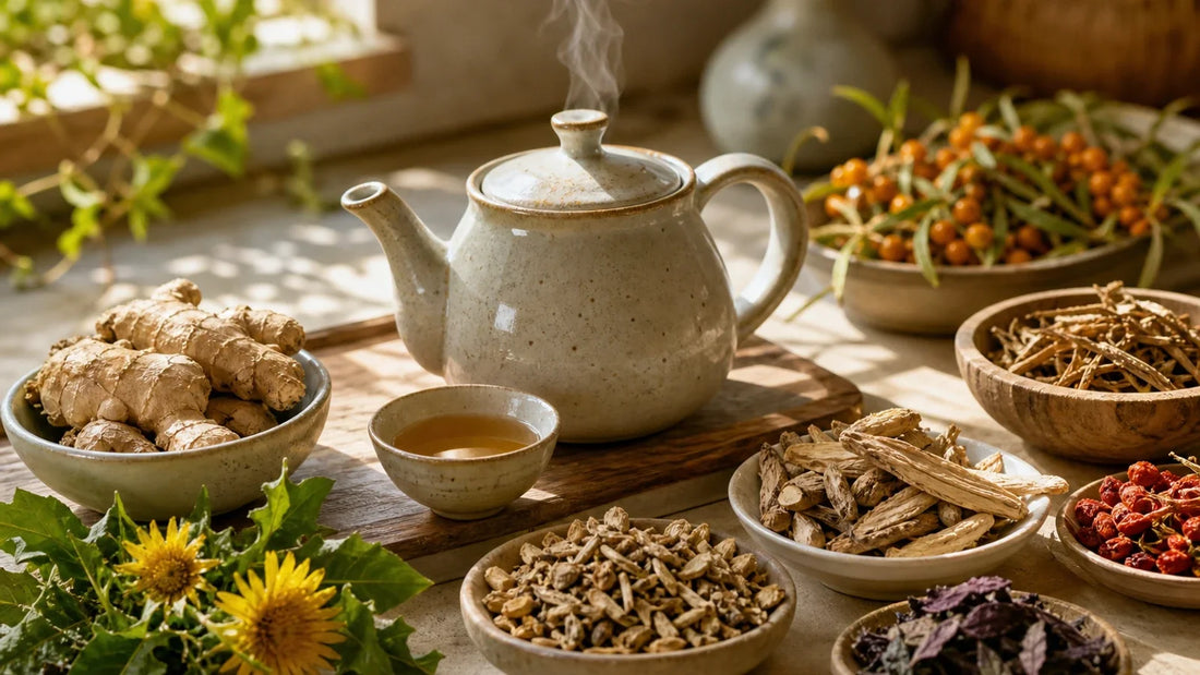 Steaming teapot surrounded by dried ginger root and dandelion root on a wooden counter
