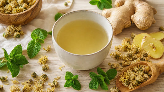 Cup of caffeine-free herbal tea with chrysanthemum, ginger, and peppermint ingredients nearby