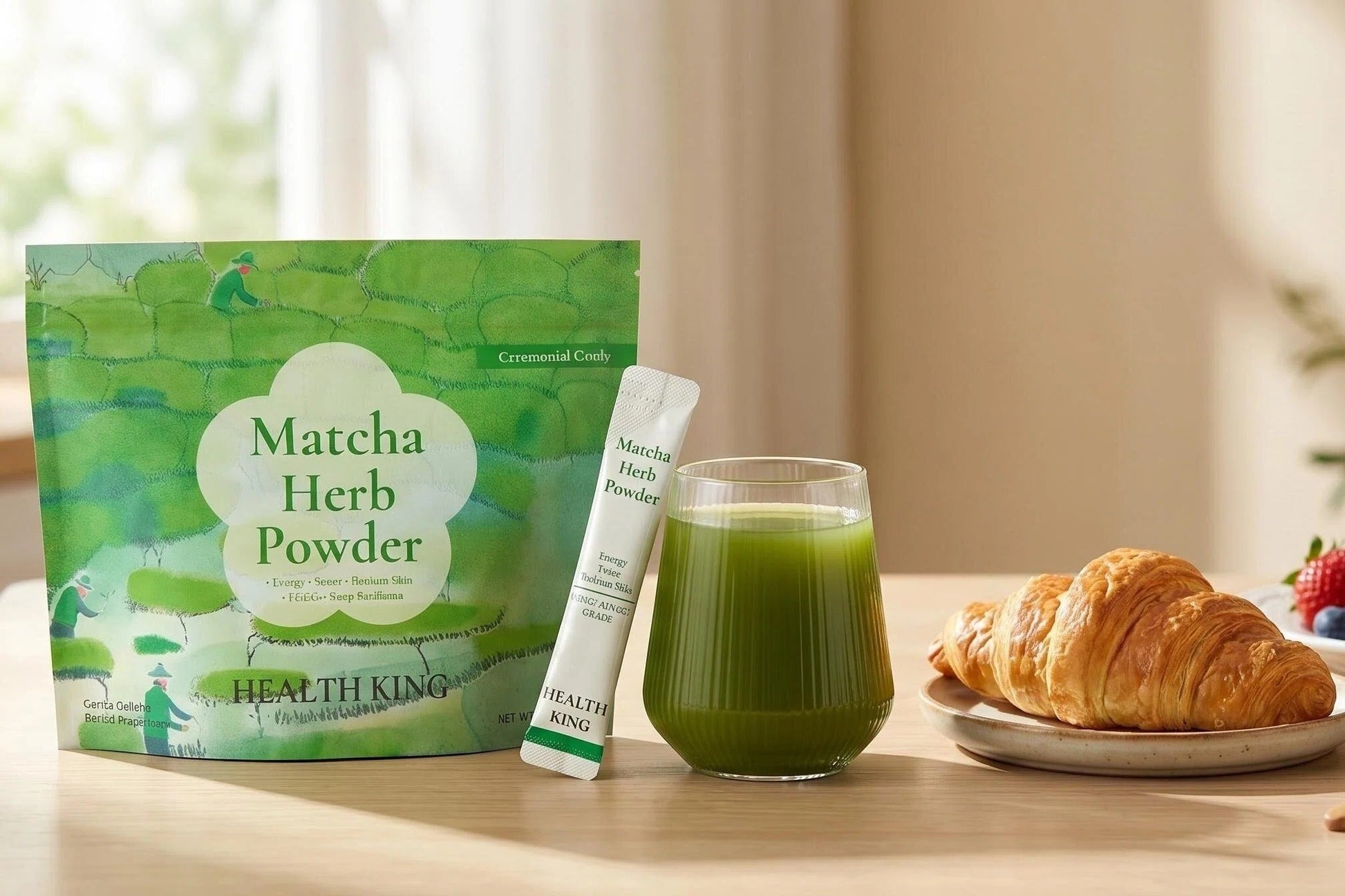 Matcha herb powder package with a glass of green juice and a plate of fruit and croissants on a table.