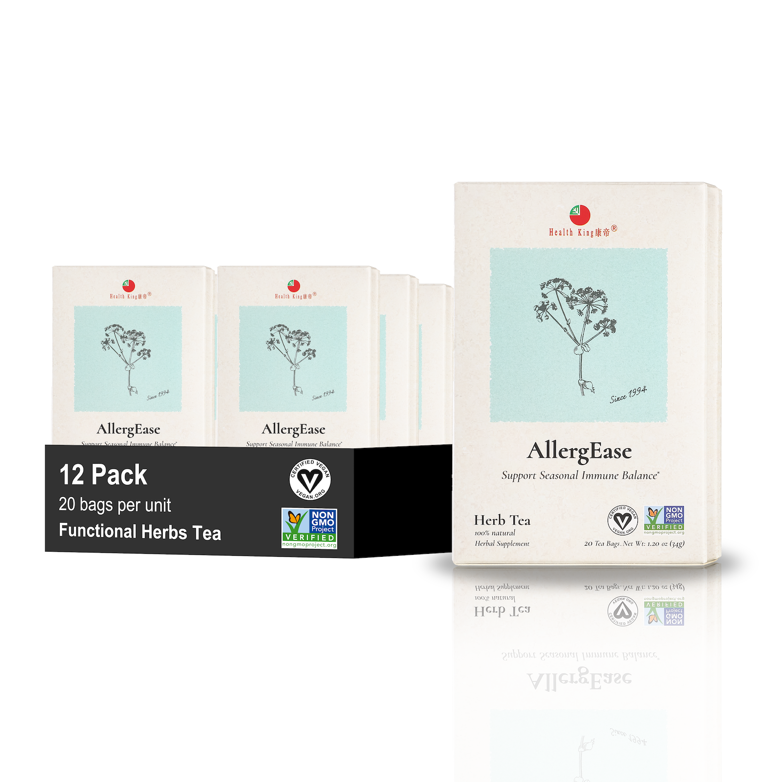Twelve-pack of AllergEase Herb Tea featuring aloe vera