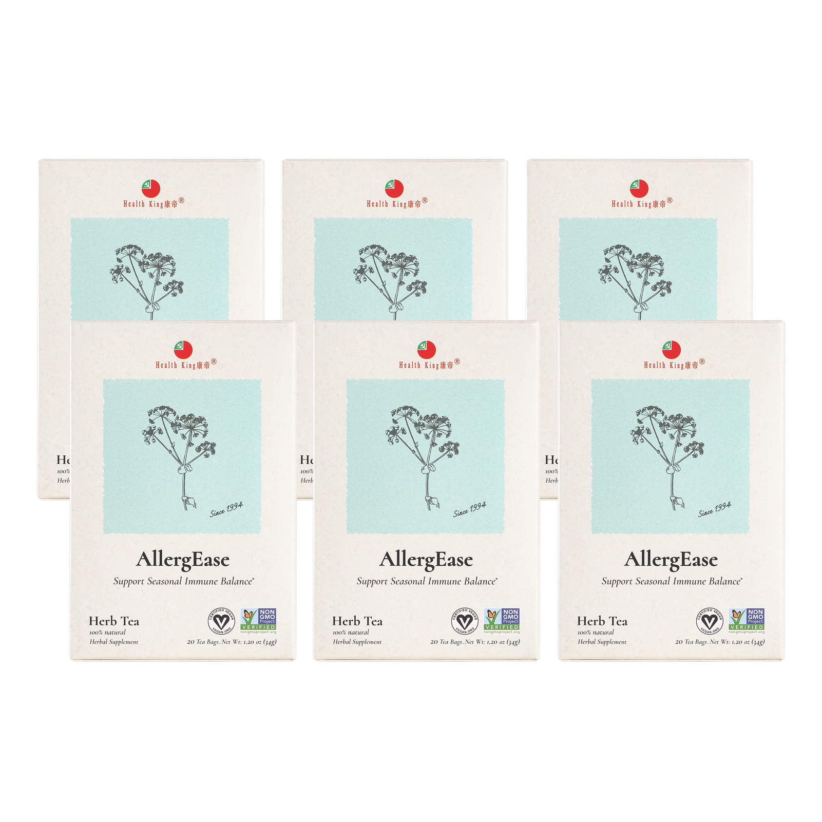 AllergEase Herb Tea with aloe vera ingredient, package of 6