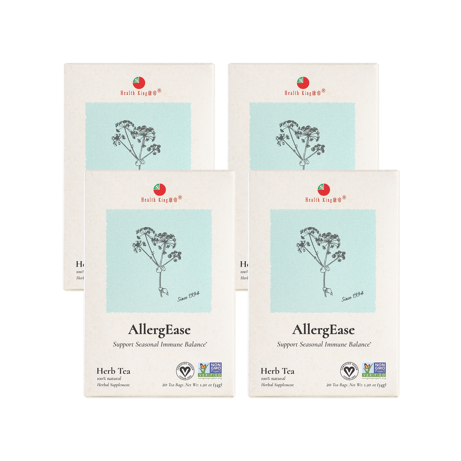 Four of AllergEase Herb Tea packets against a white backdrop