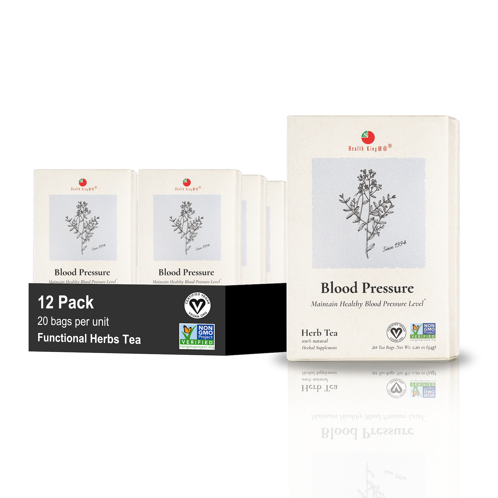 Twelve-pack of herbal tea boxes aimed at managing blood pressure levels