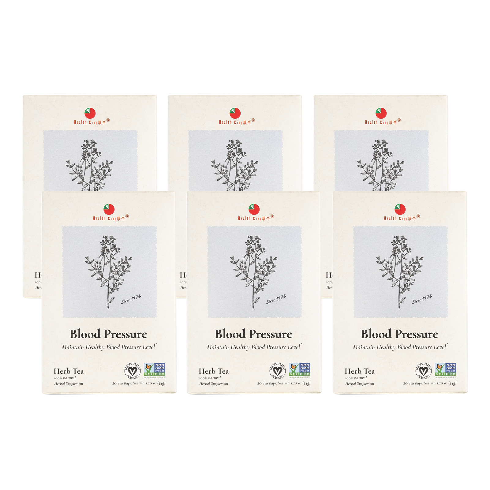 Six packages of herbal tea formulated for blood pressure maintenance
