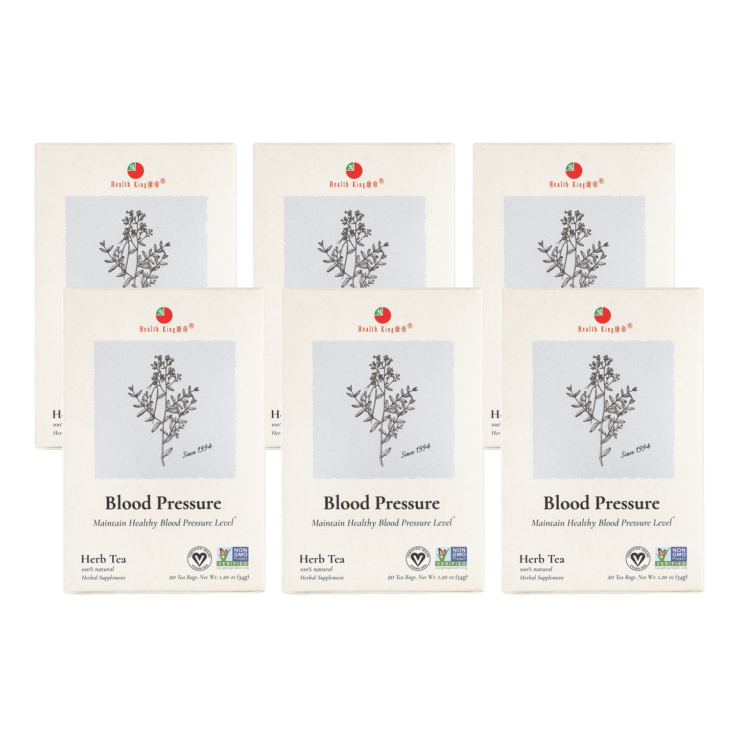 Six packages of herbal tea formulated for blood pressure maintenance