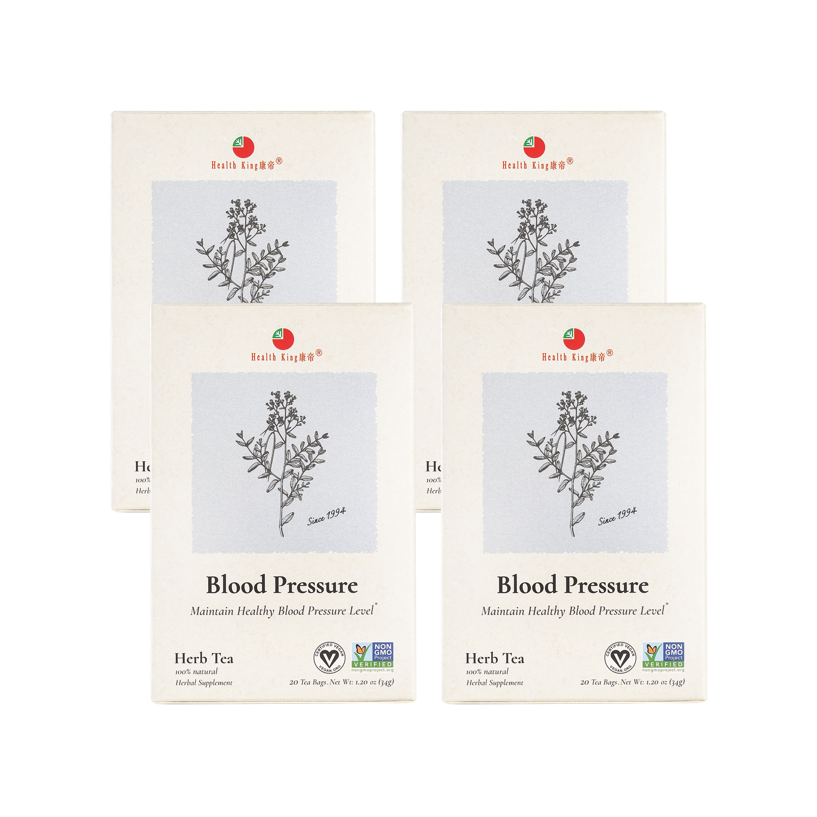 Four of herbal tea boxes for blood pressure support against a white backdrop