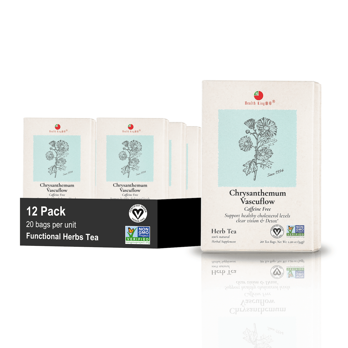 A single box of Chrysanthemum Herb Tea against a white background with clear branding