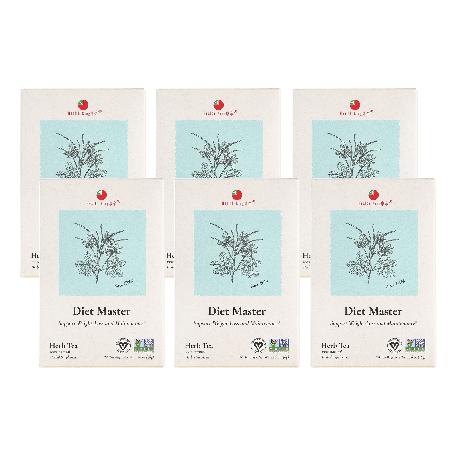Six packets of Diet Master Herb Tea with a decorative leaf