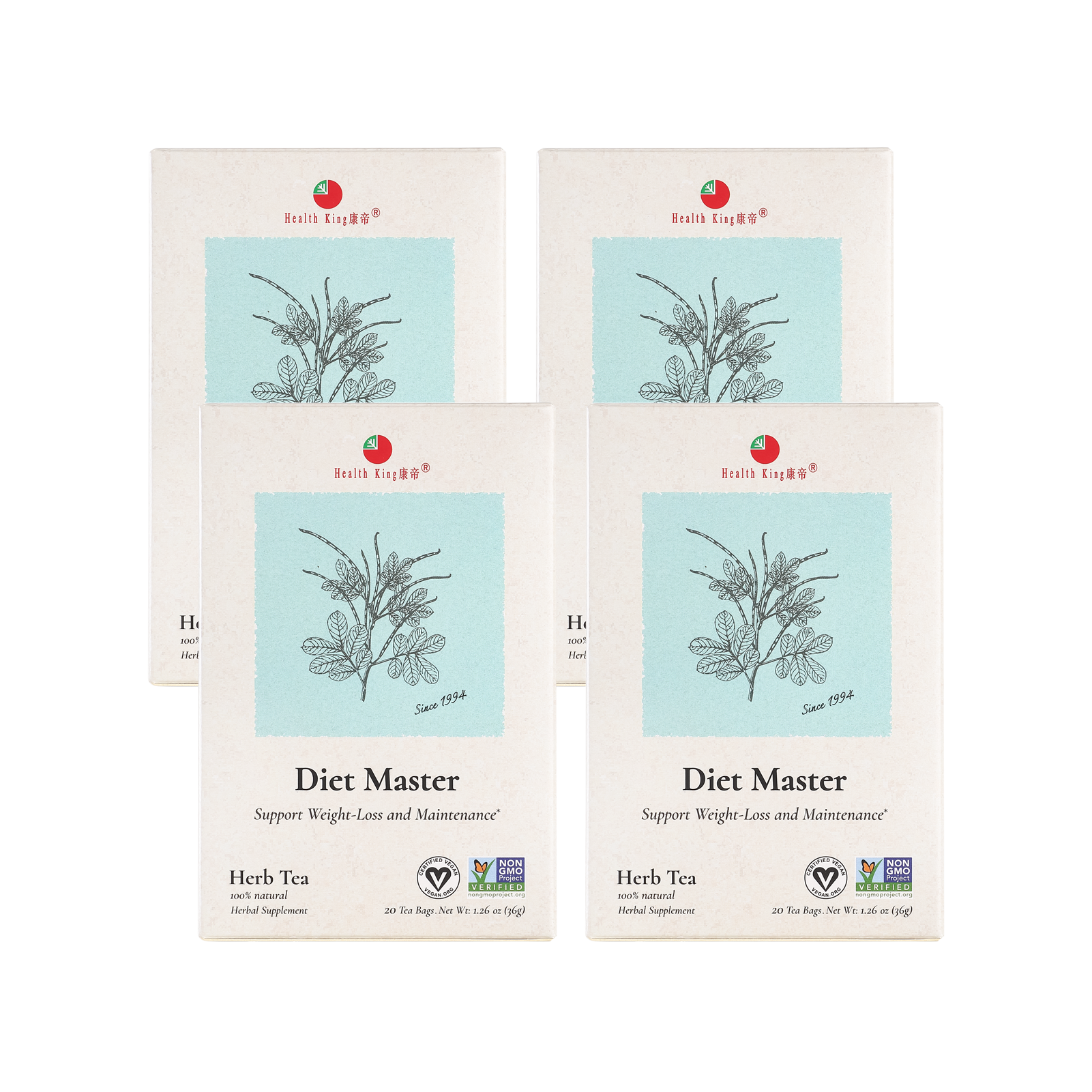 Four  Diet Master Herb Tea packets with branding visible