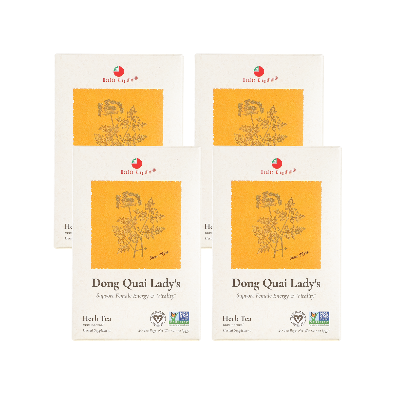 Four of Dong Quai Lady's Herb Tea packages for menstrual comfort