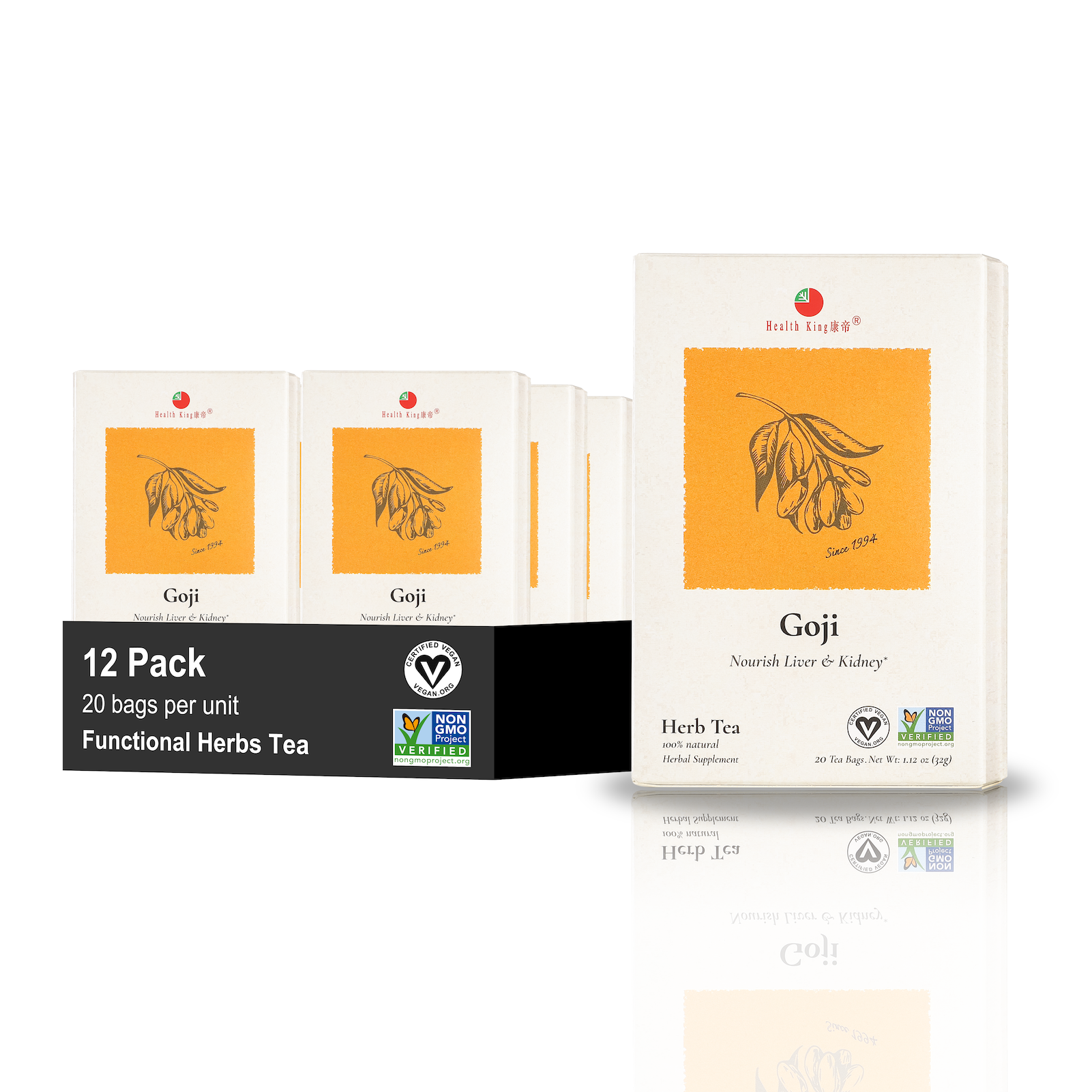 Twelve-pack of Goji Herb Tea highlighting its organic ingredients