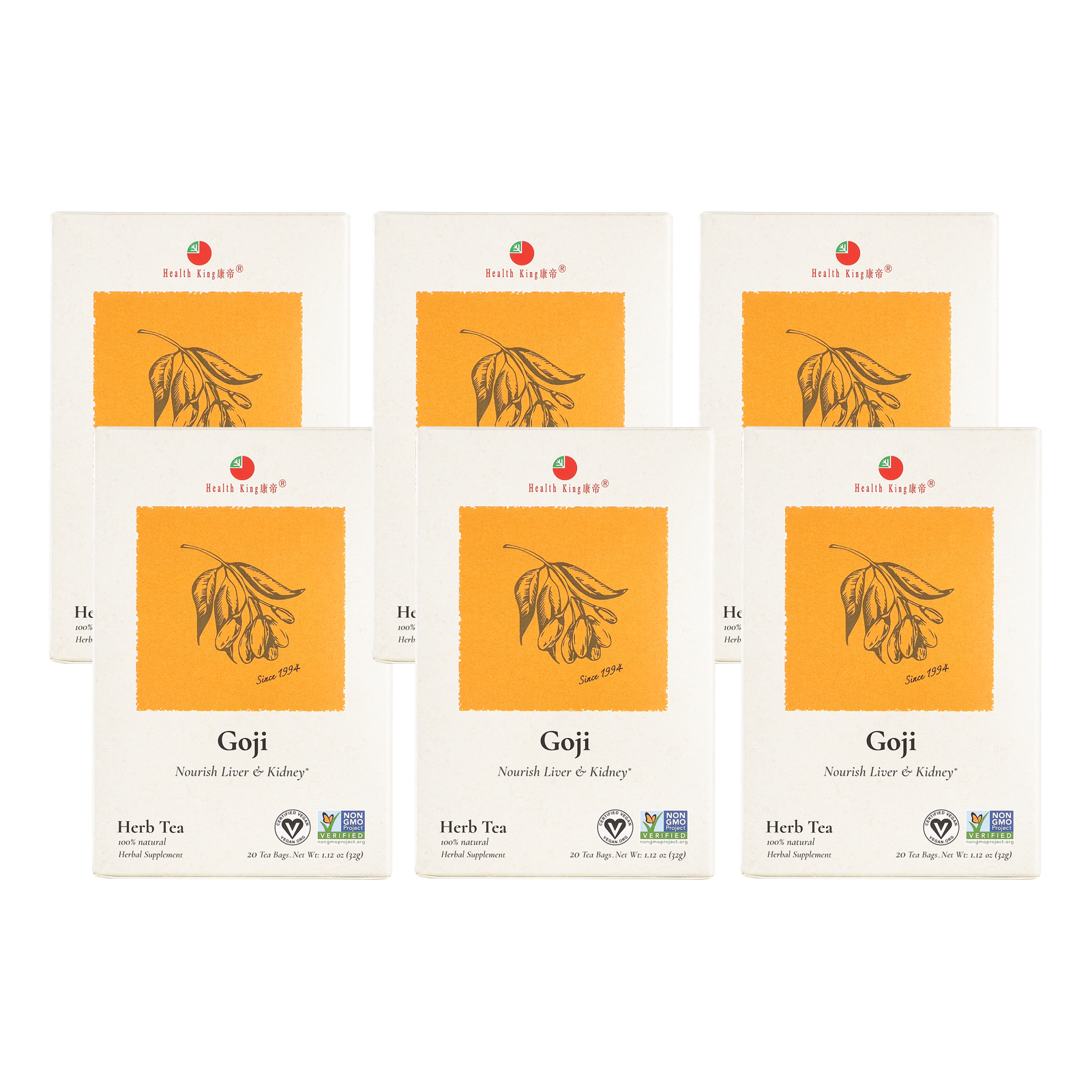 Six boxes of Goji Herb Tea presented on a white surface