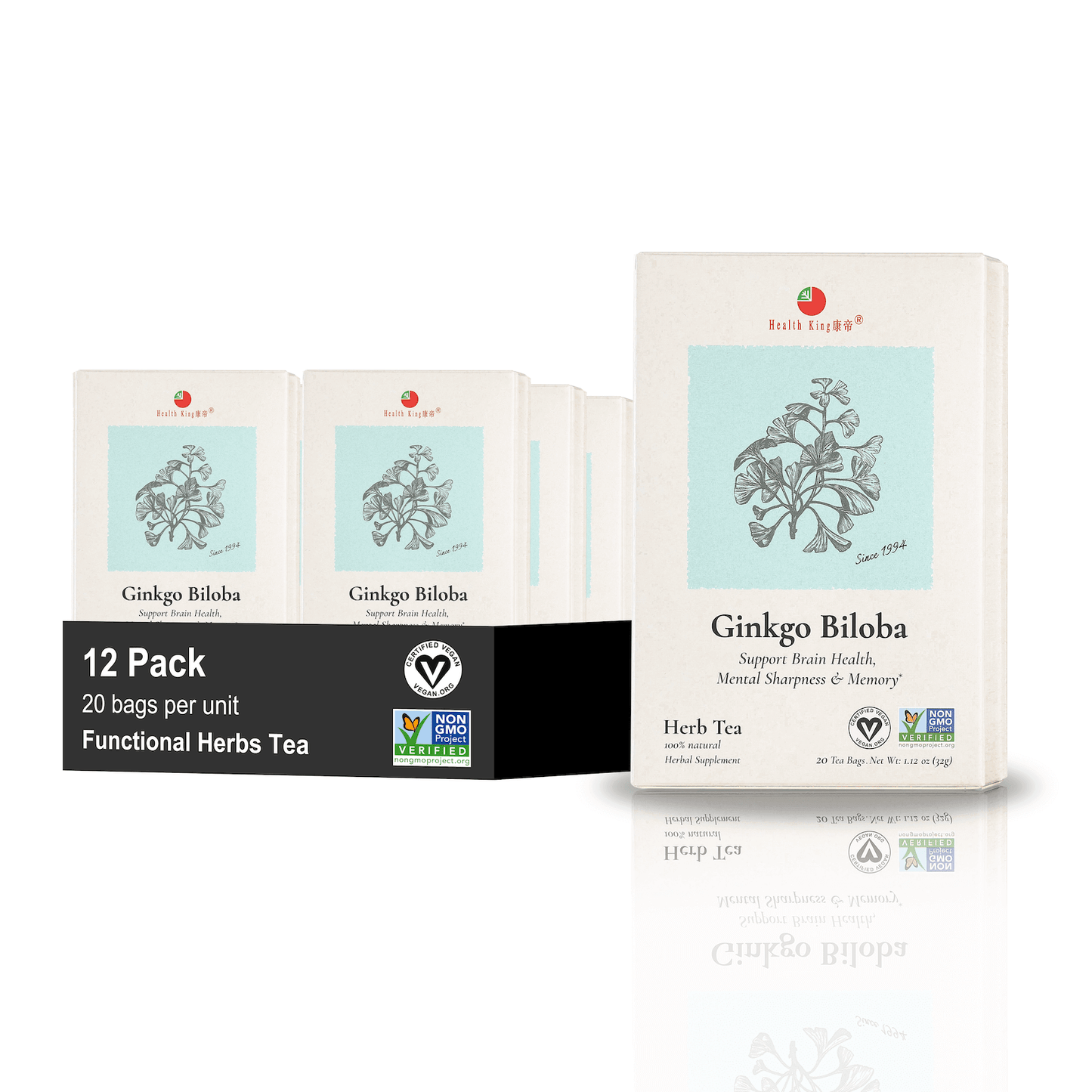 Twelve-pack of Ginkgo Biloba organic tea emphasizing its natural ingredients