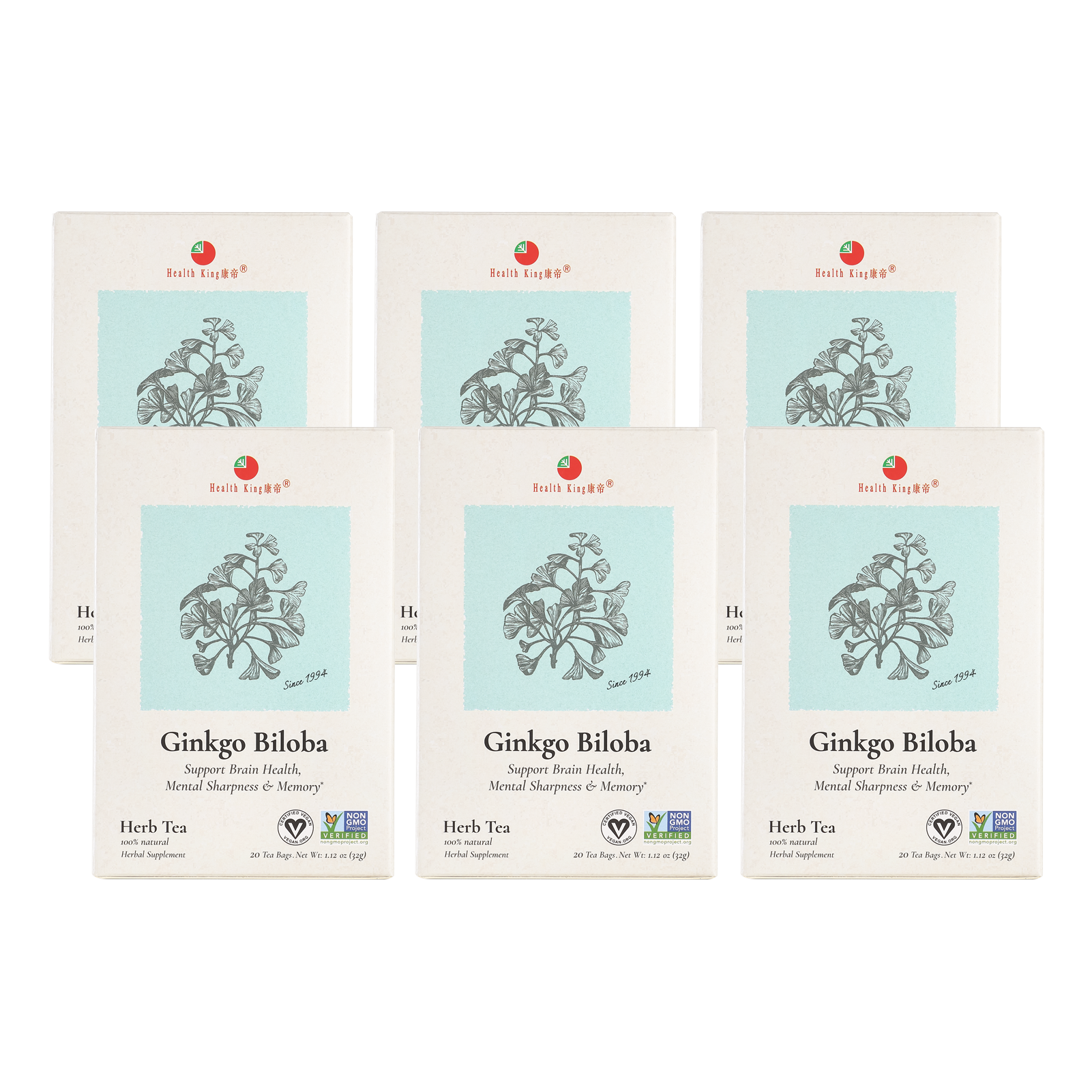 Six caffeine-free Ginkgo Biloba tea bags highlighting health benefits