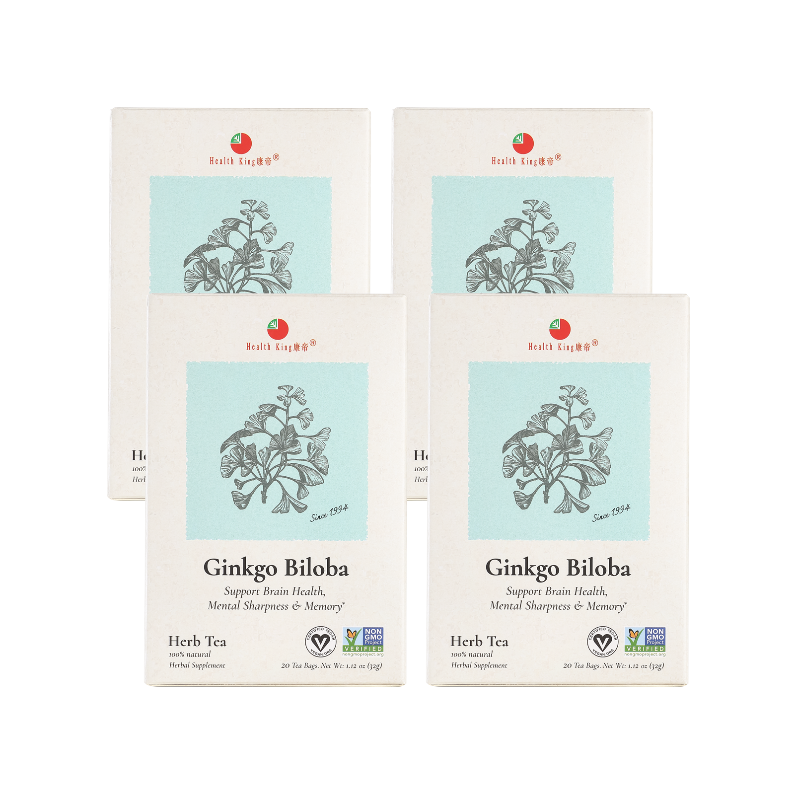 Four of Ginkgo Biloba Herb Tea packets against a pristine white backdrop