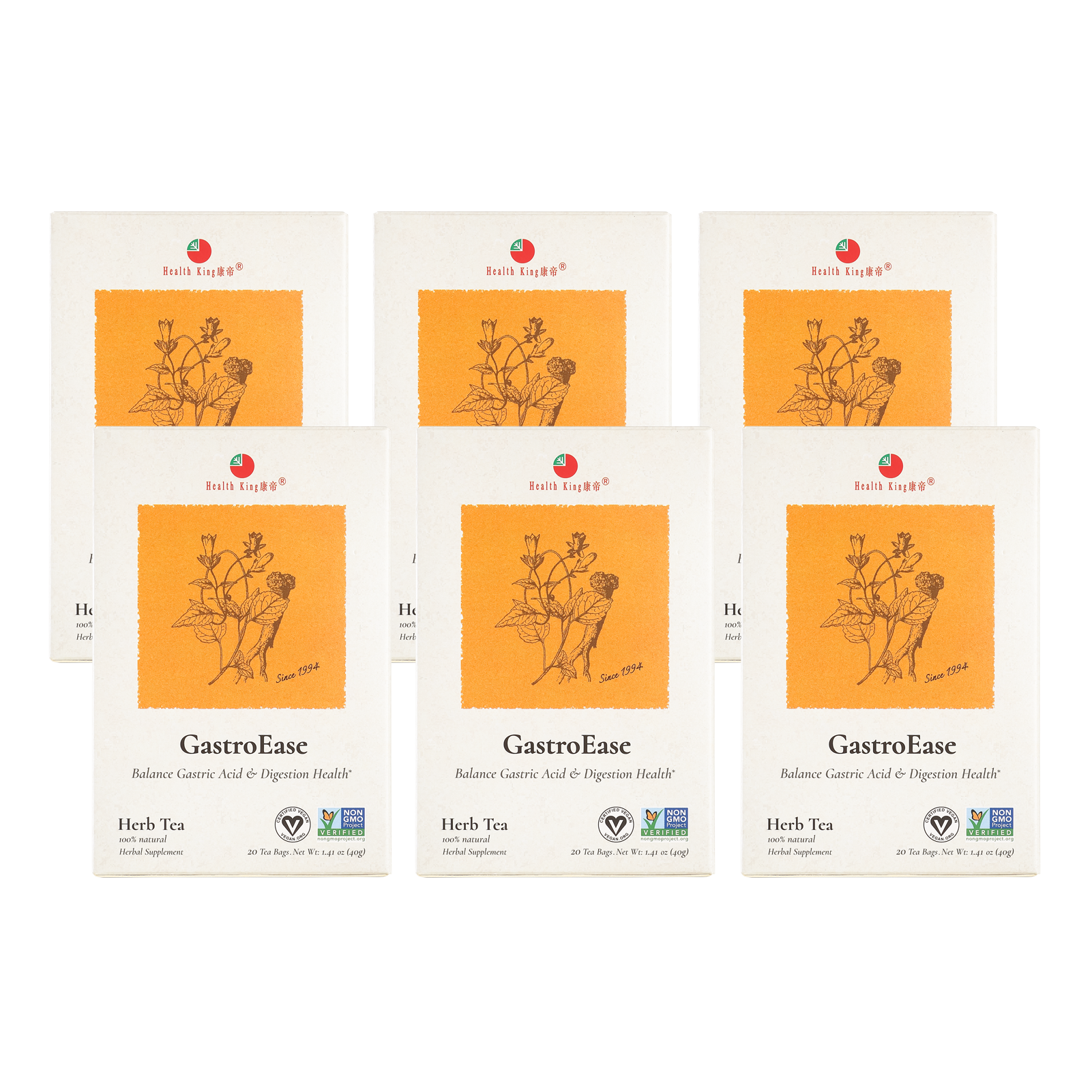GastroEase digestive support herbal tea in individual sachets on white background
