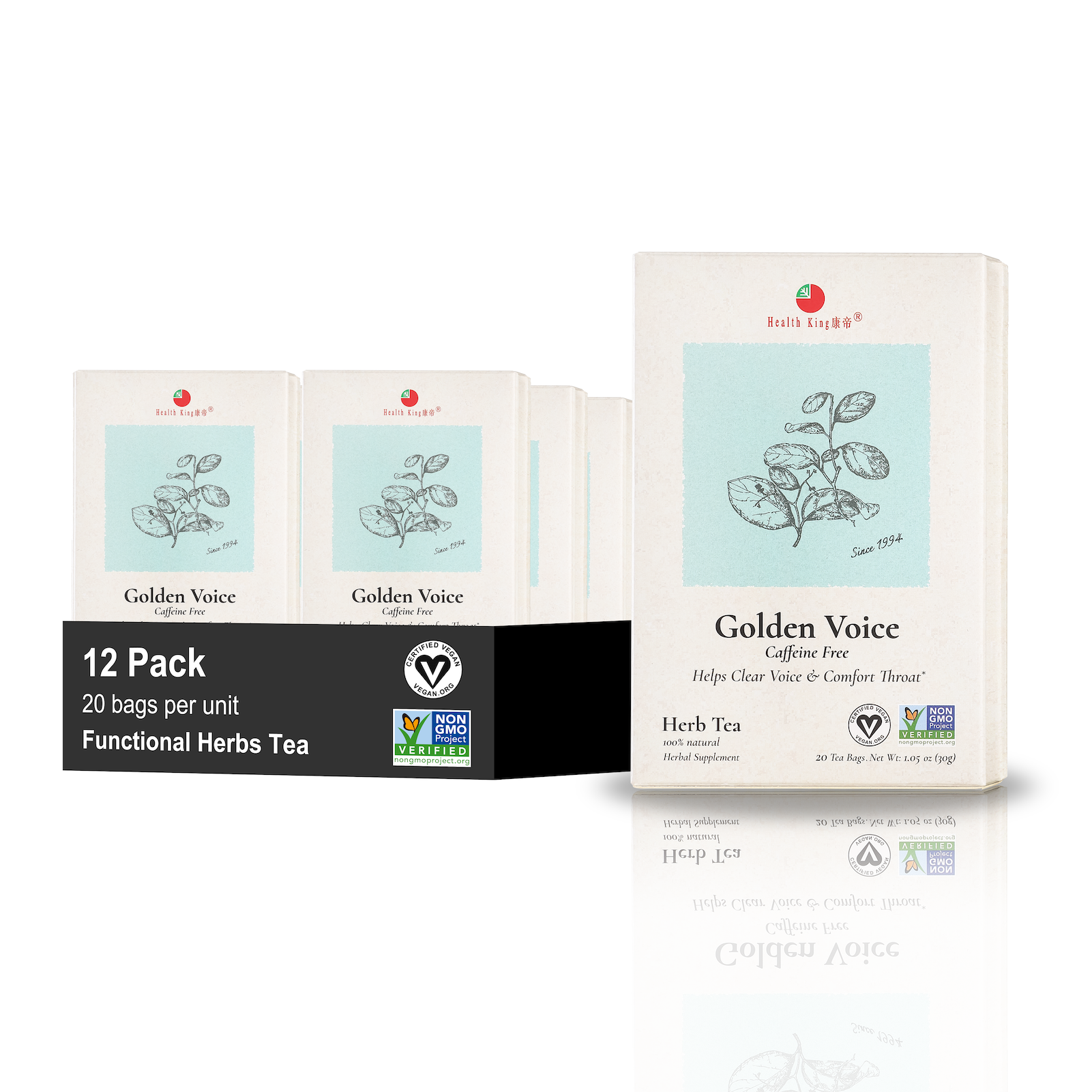 Box of 12 Golden Voice Herb Tea bags designed for vocal clarity