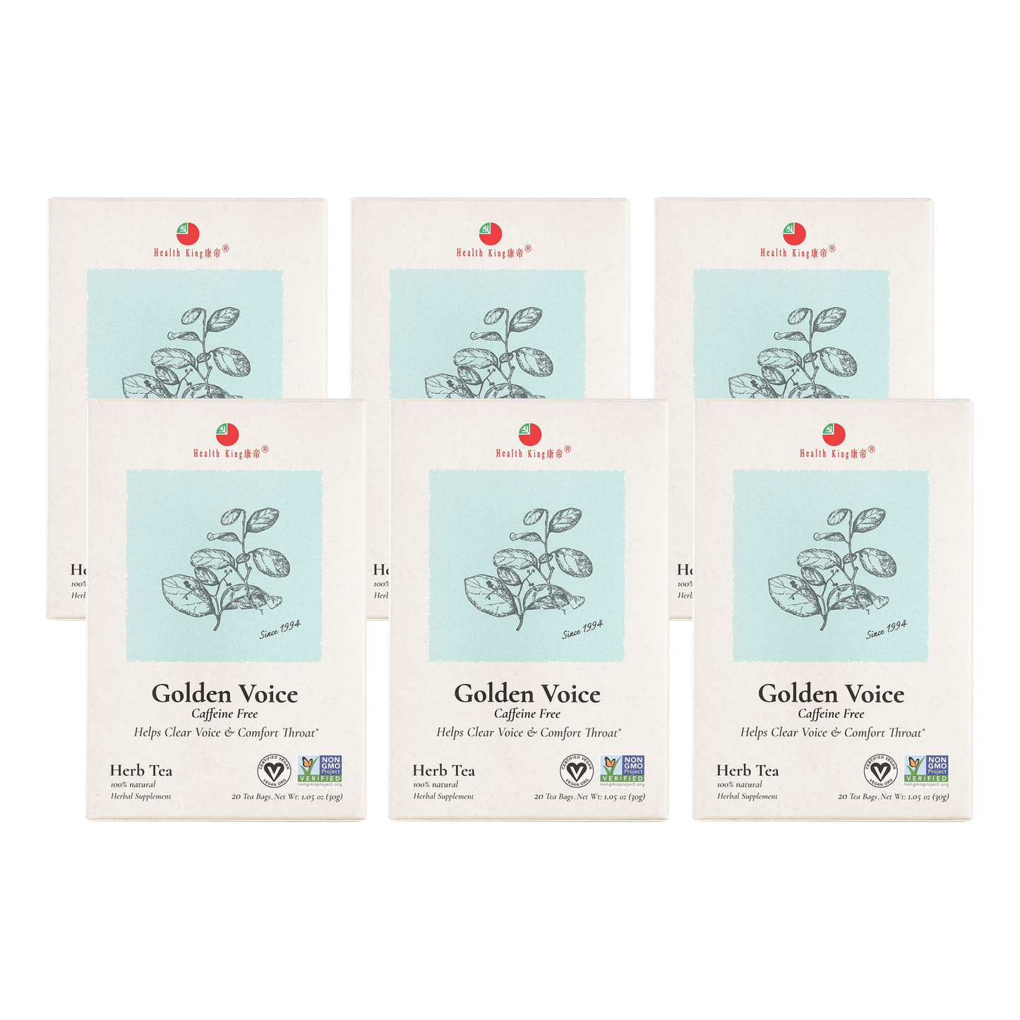 Individual sachets of Golden Voice Herb Tea for throat comfort