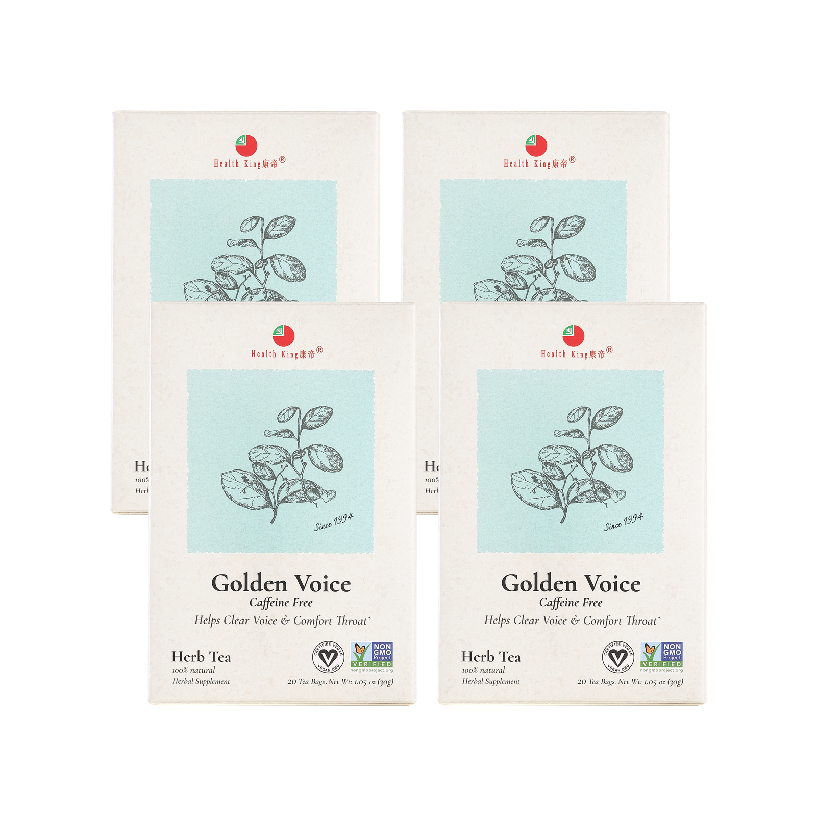 Multiple Golden Voice Herb Tea packets arranged on a pristine white surface