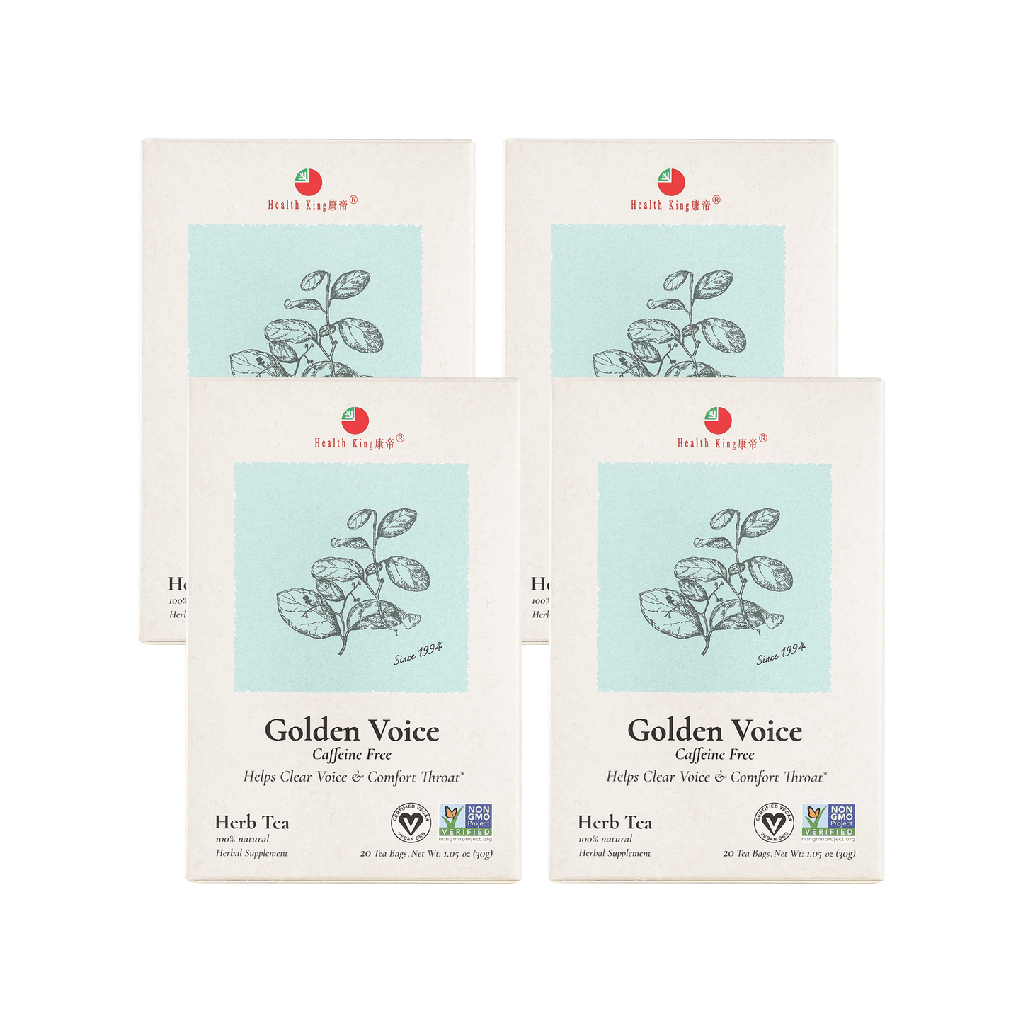 Multiple Golden Voice Herb Tea packets arranged on a pristine white surface