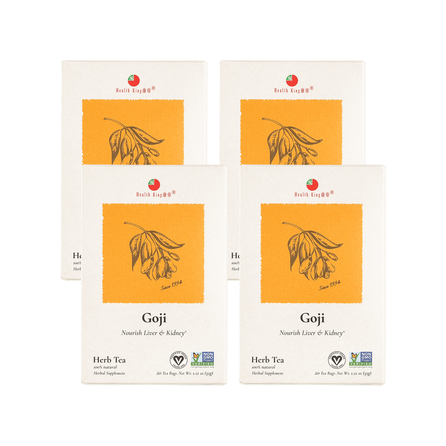 Four packages of Goji Herb Tea displayed against a white backdrop