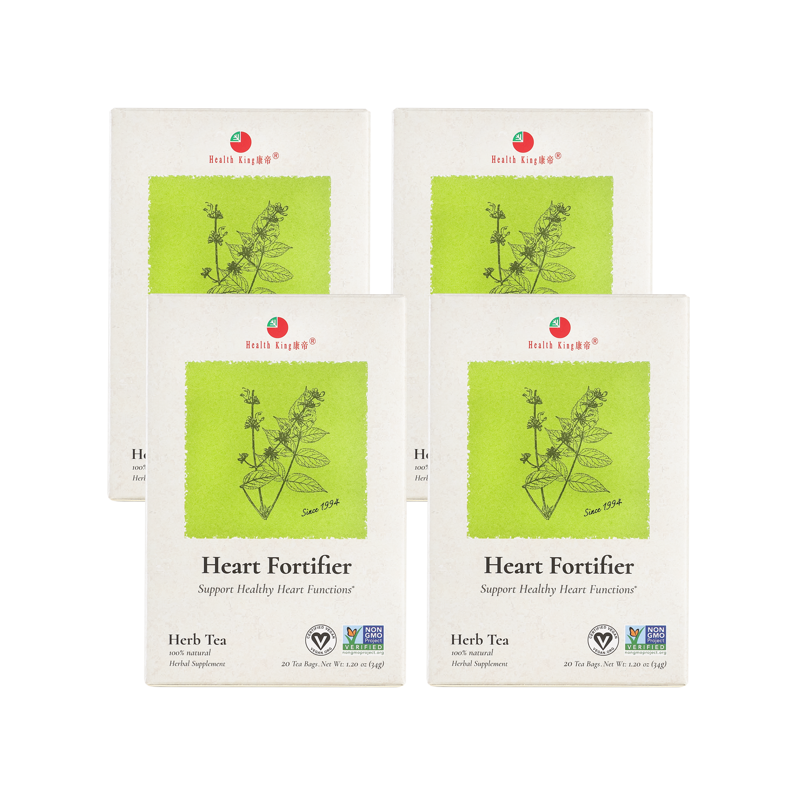 Four of Heart Fortifier Herb Tea packets against a white backdrop