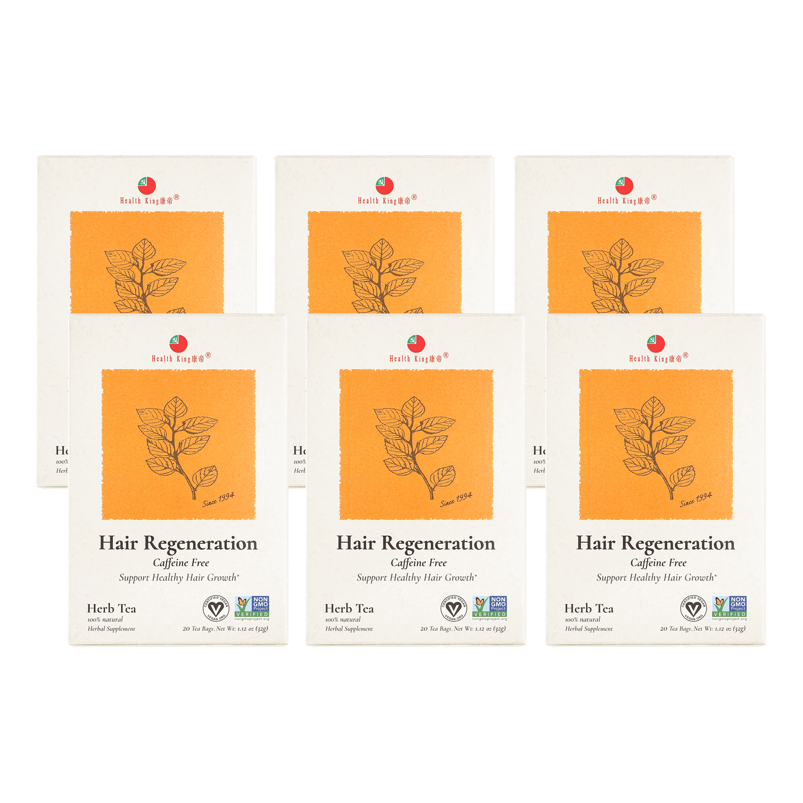 A bundle of six packets labeled 'Hair Regeneration Herb Tea' for healthy hair growth