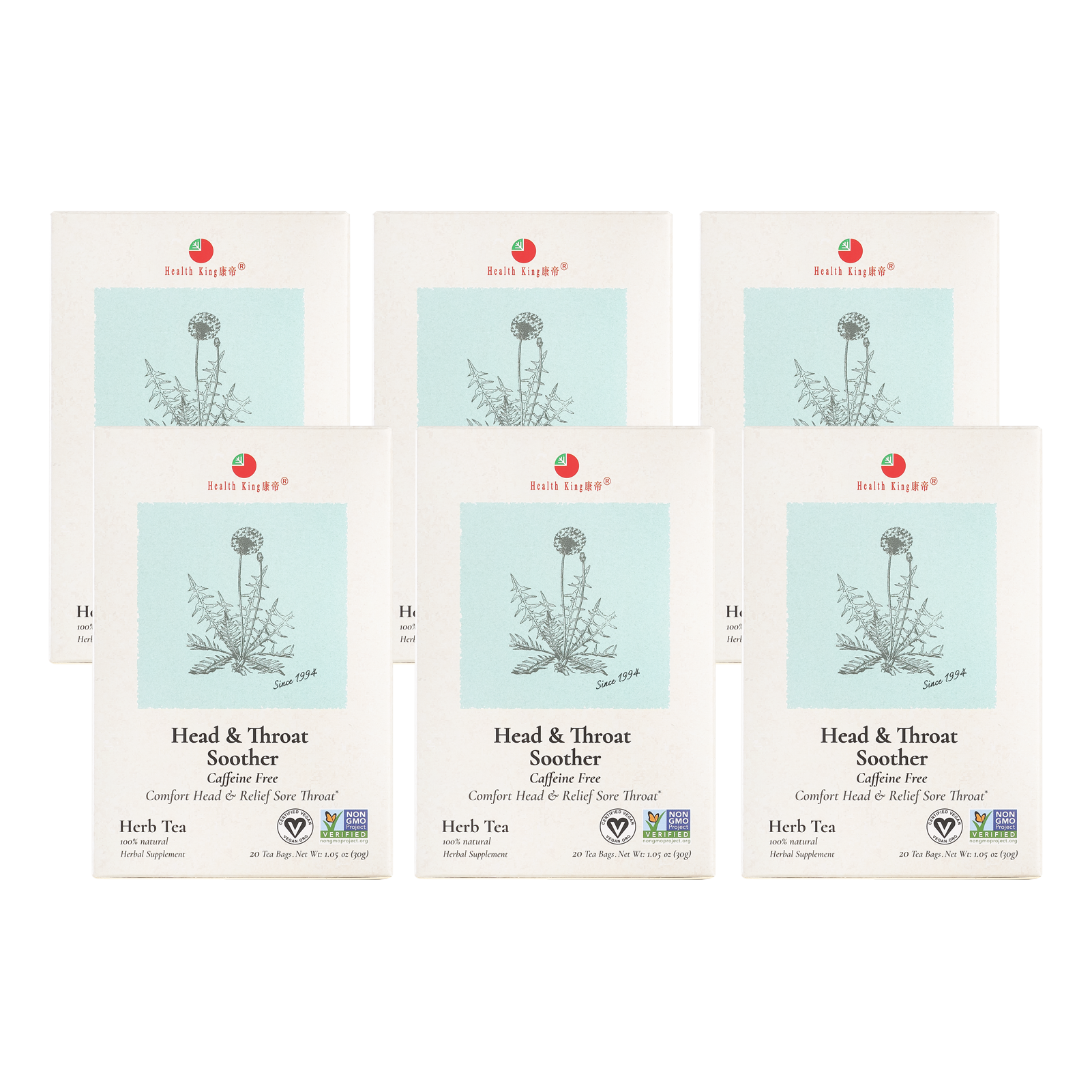 Six packets of Head & Throat Soother Herb Tea on display