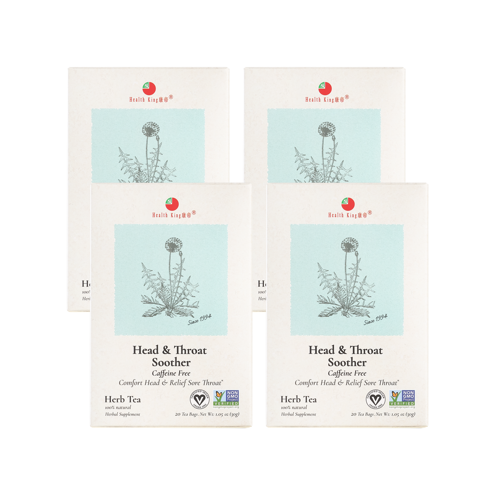 Four packets of Head & Throat Soother Herb Tea against a white background