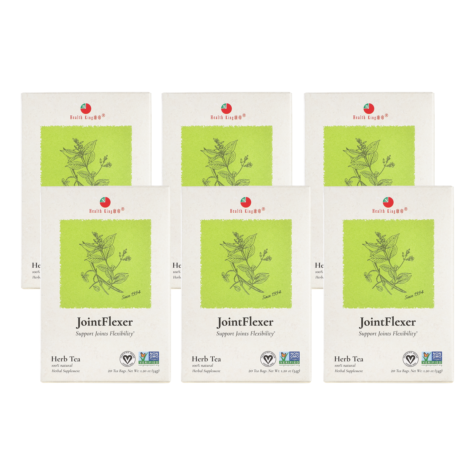 Six boxes of JointFlexer Herb Tea designed to enhance joint flexibility