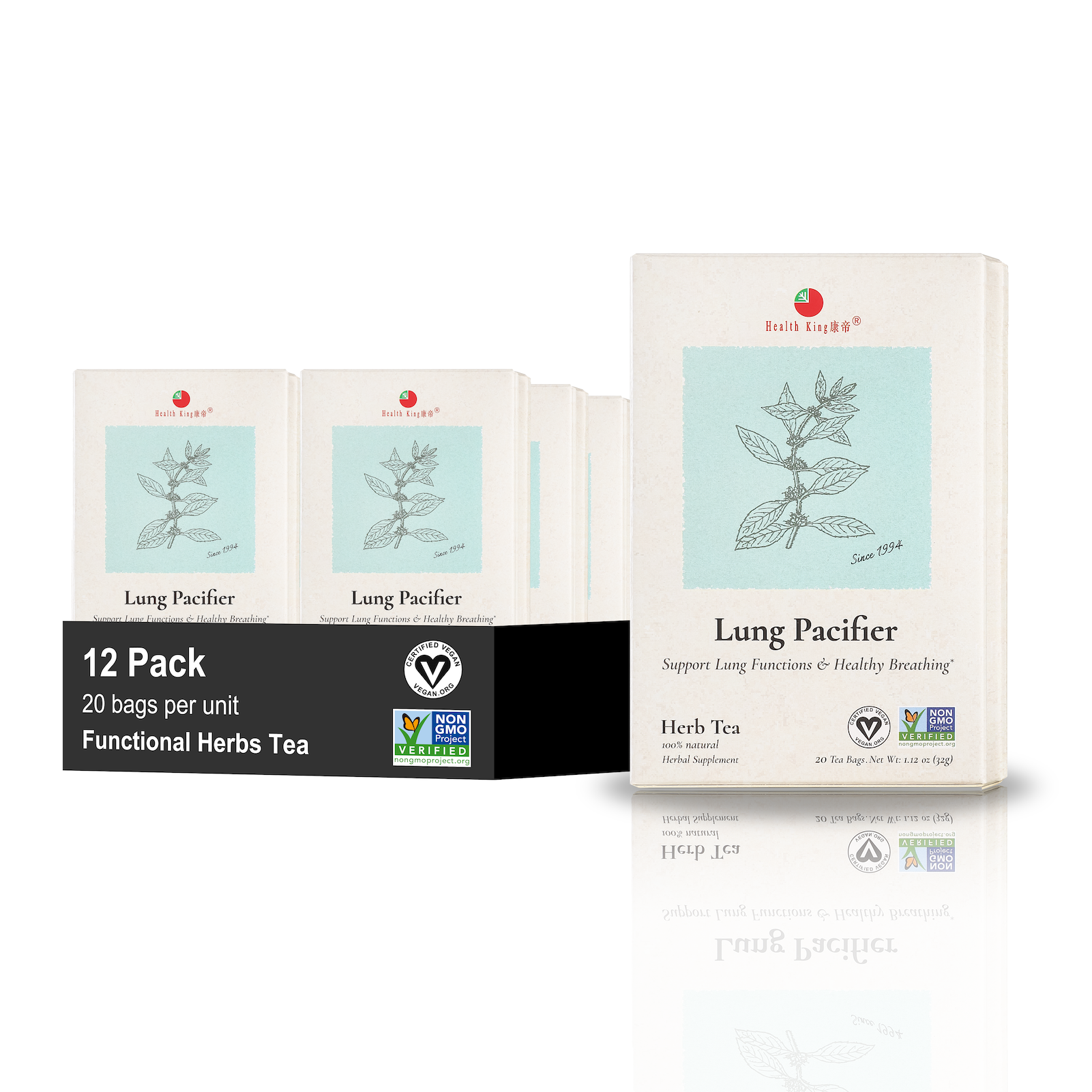 Twelve-pack of Lung Pacifier Herb Tea designed to aid breathing