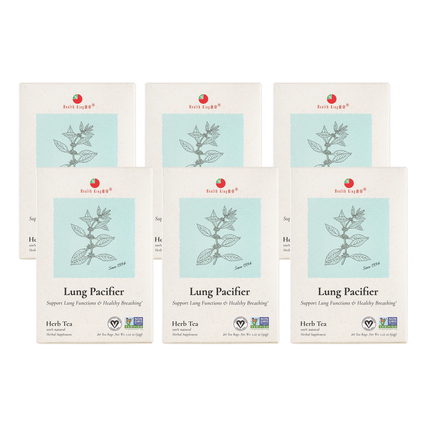 Six-pack of Lung Pacifier Herb Tea bags for lung health