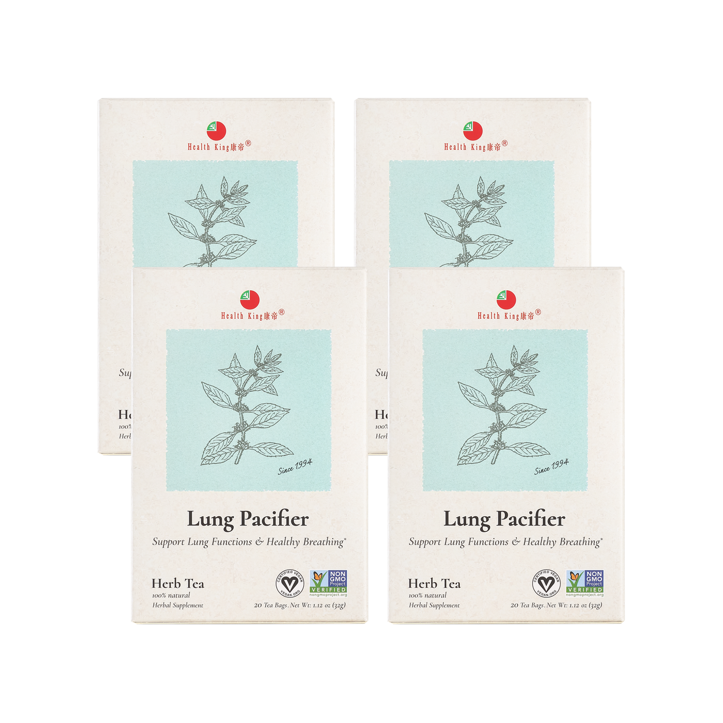 Four of Lung Pacifier Herb Tea packages against a white backdrop