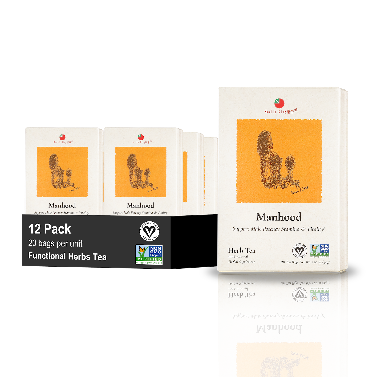 Twelve-pack of Manhood Herb Tea promoting male stamina and vitality
