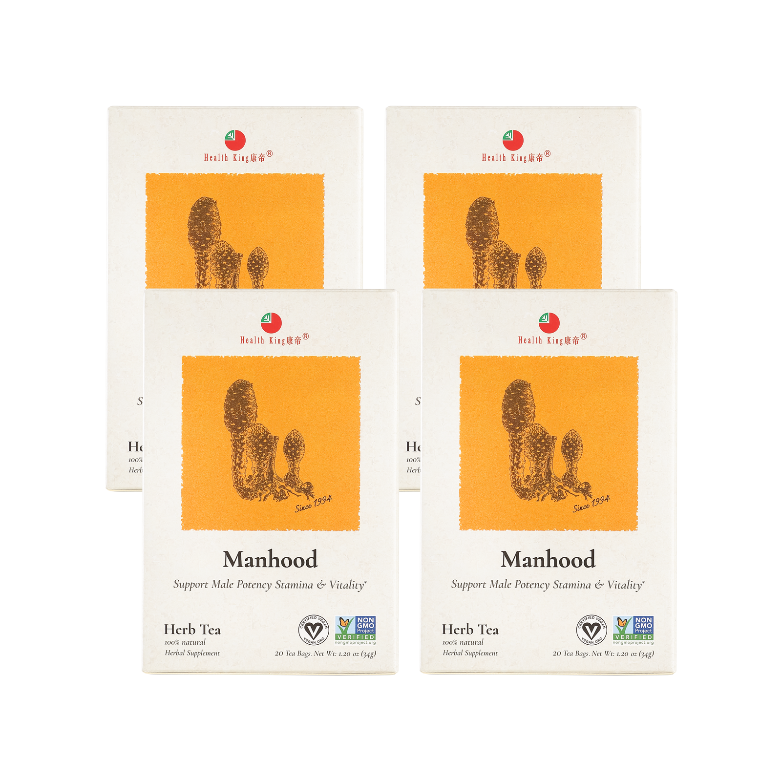 Four of Manhood Herb Tea packets emphasizing male health benefits