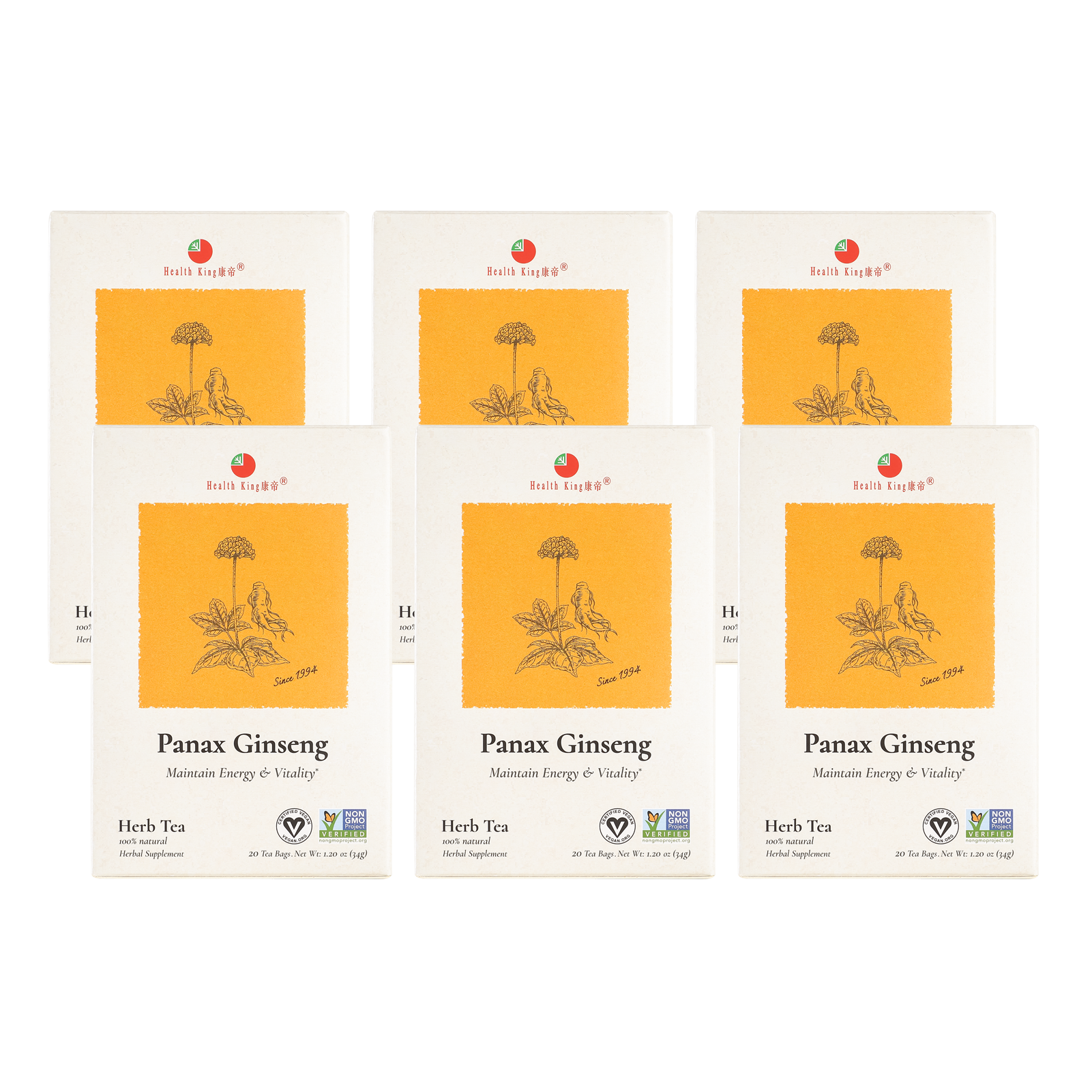 Six boxes of Panax Ginseng Herb Tea designed for daily energy and vitality support