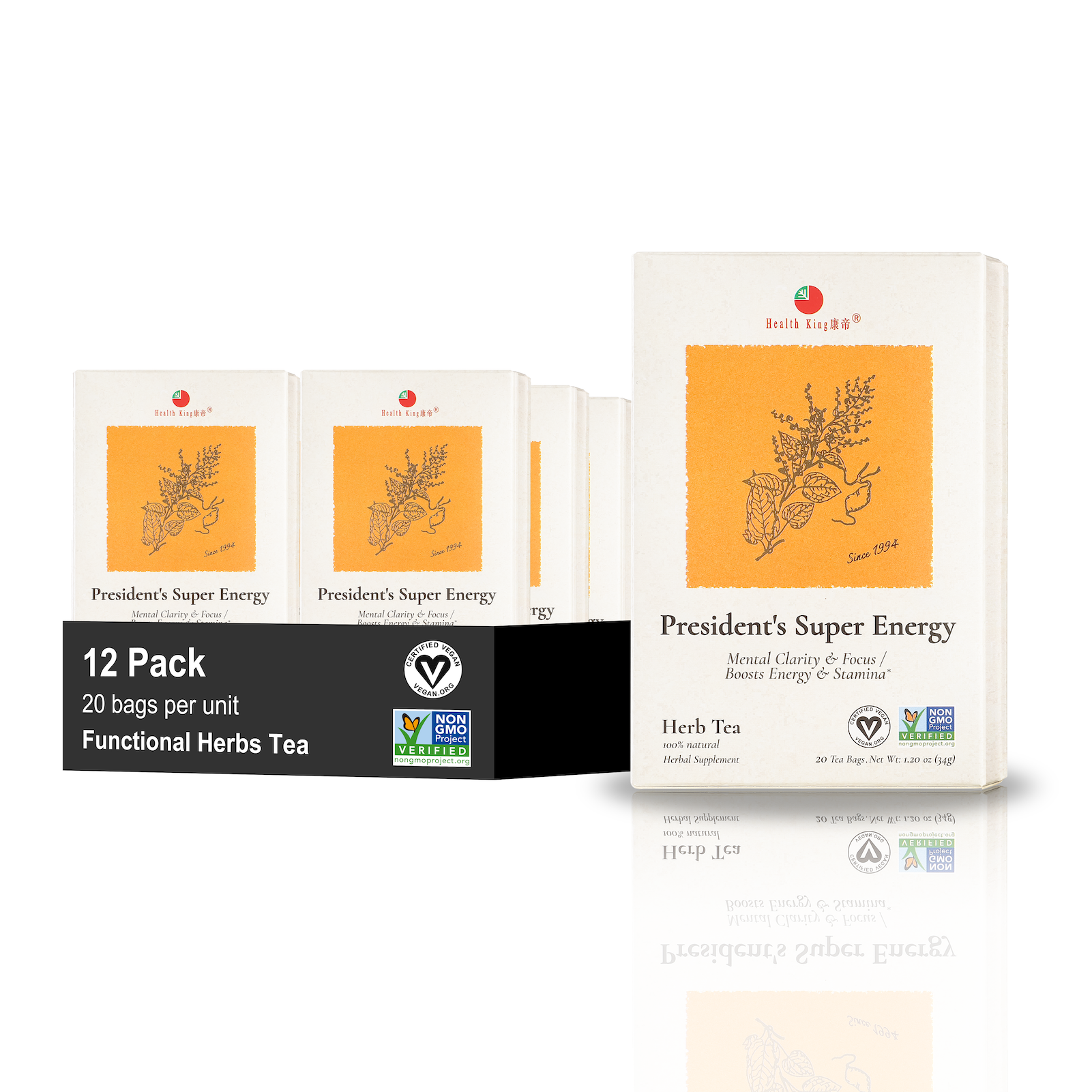 Packaging of President's Super Energy Herb Tea highlighting mental focus benefits