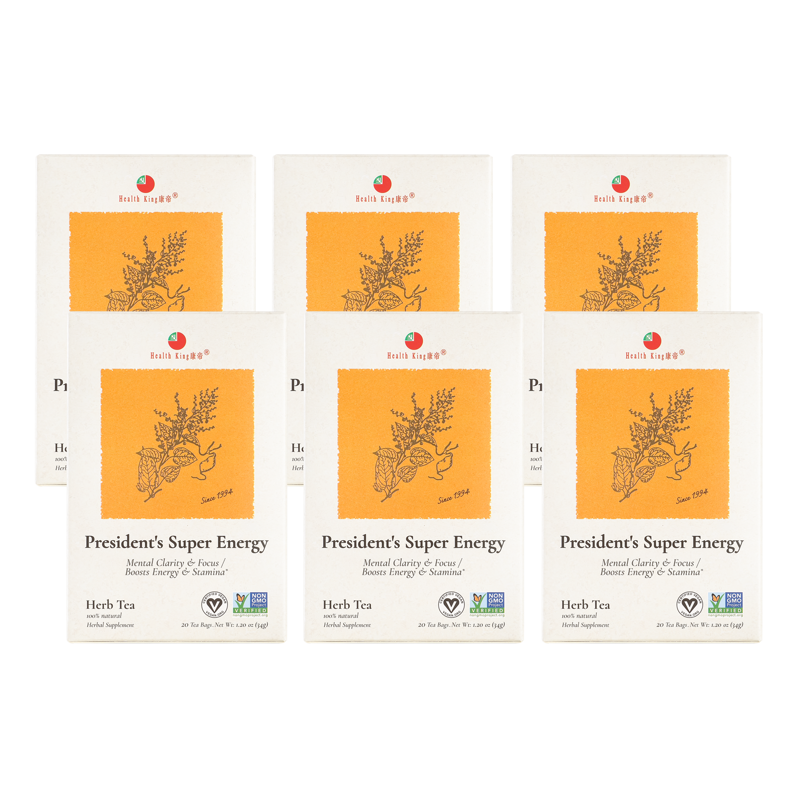 Collection of six President's Super Energy Herb Tea packets for boosting stamina and energy