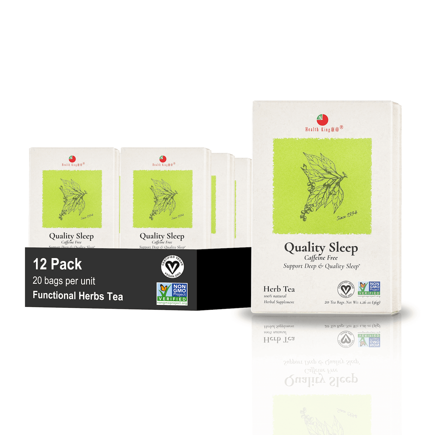 Close-up of Quality Sleep Herb Tea bags highlighting the product name