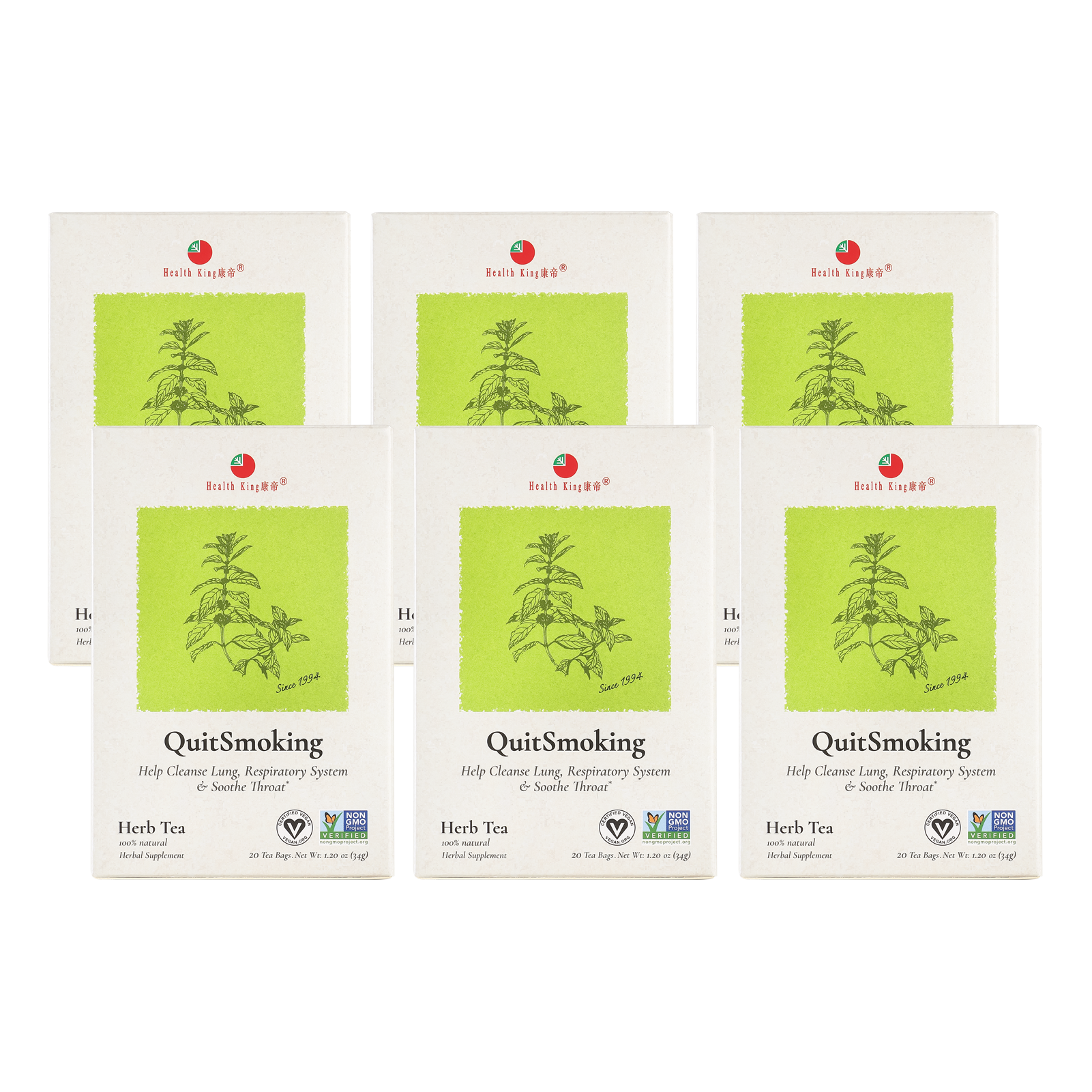 Six packages of Quit Smoking Herb Tea displayed against a white backdrop, highlighting the lung-cleansing benefits