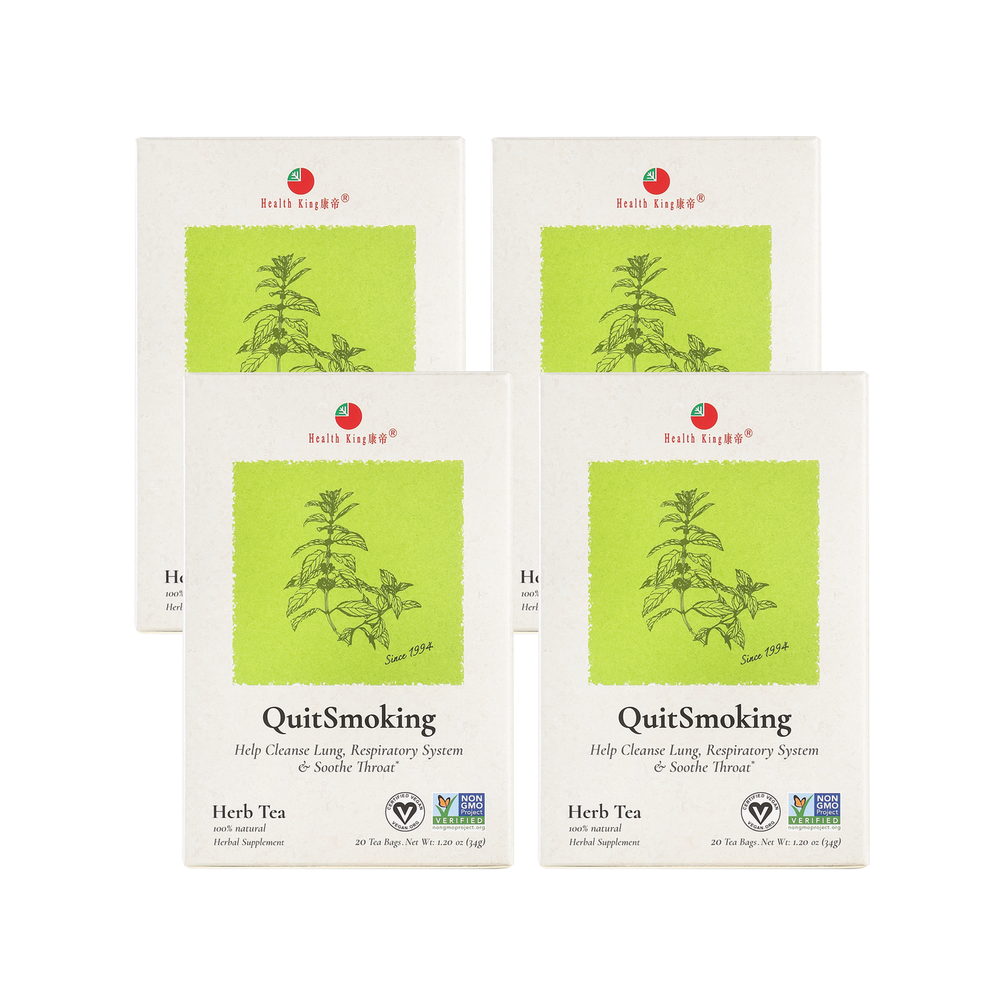Four of Quit Smoking Herb Tea boxes, each promoting throat soothing and respiratory health